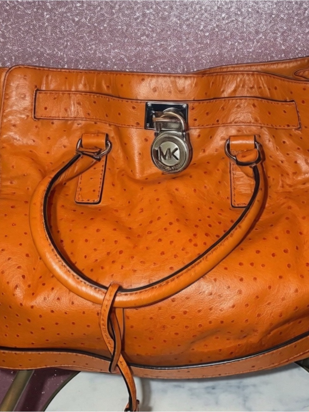 Beautiful Vintage Michael Kors Ostrich Tote--orange with silver hardware